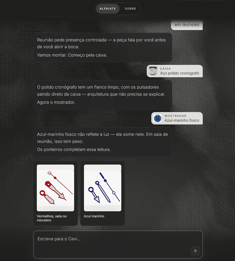 Conversa com o agente do Cavi: o cliente escolhe a caixa e o mostrador, e o agente oferece dois jogos de ponteiros com foto