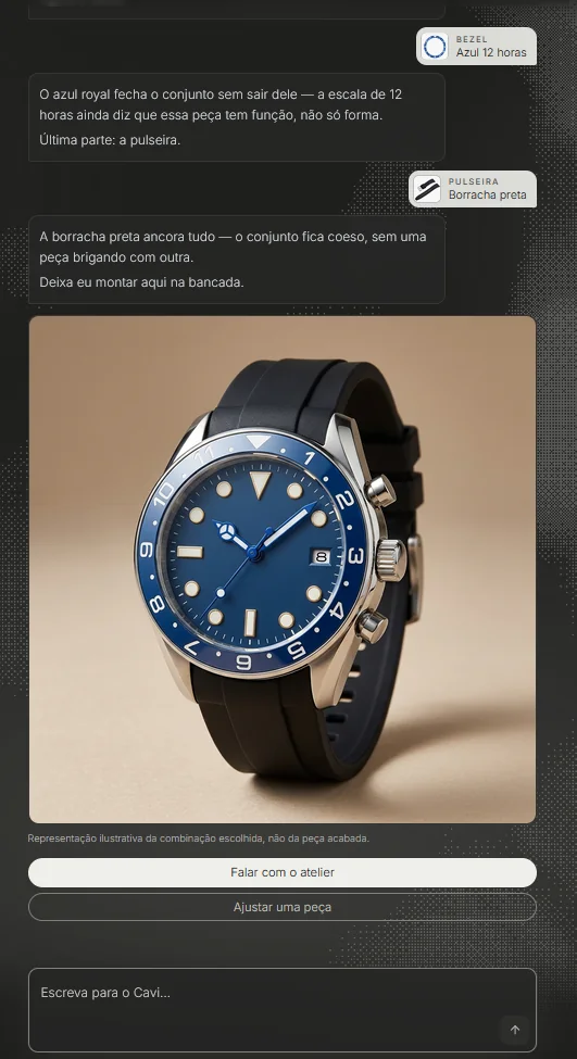 Fim da conversa: o cliente escolhe o bezel e a pulseira, e o agente mostra a imagem do relógio montado, com as opções Falar com o atelier e Ajustar uma peça