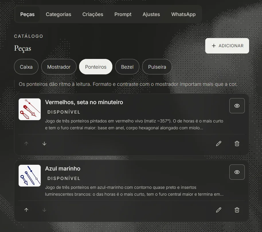 Catálogo de peças no admin do Cavi, filtrado por ponteiros, com duas peças marcadas como disponíveis