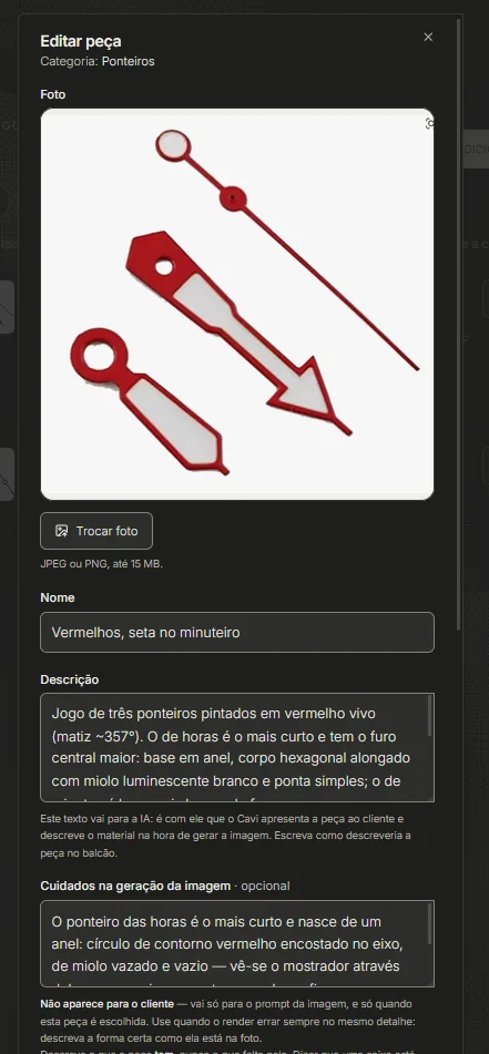 Edição de uma peça no admin do Cavi, com a foto, o nome, a descrição que vai para a IA e os cuidados na geração da imagem