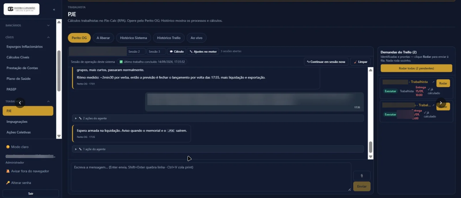 Sessão do agente Perito OG em um cálculo trabalhista, com as demandas do Trello ao lado (dados do processo borrados)