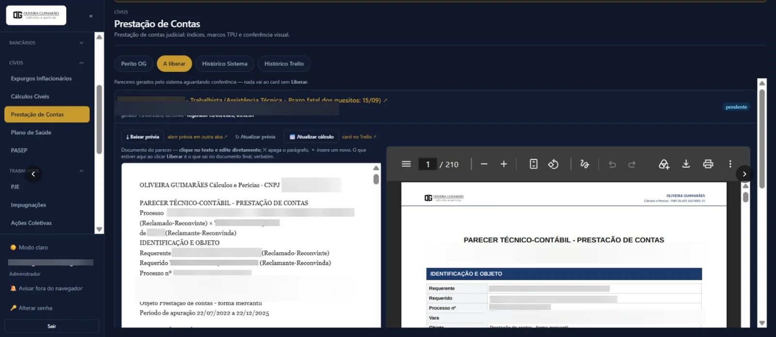 Parecer técnico-contábil gerado pelo sistema aguardando conferência, com a prévia do documento (partes e processo borrados)