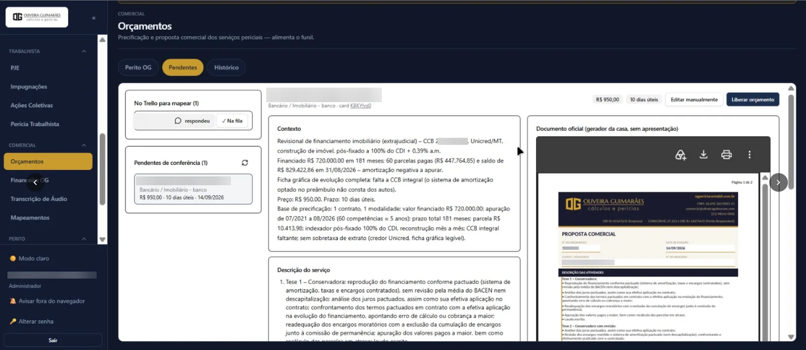 Tela de orçamentos com o contexto do caso, a descrição do serviço e a proposta comercial em PDF (nome do cliente borrado)