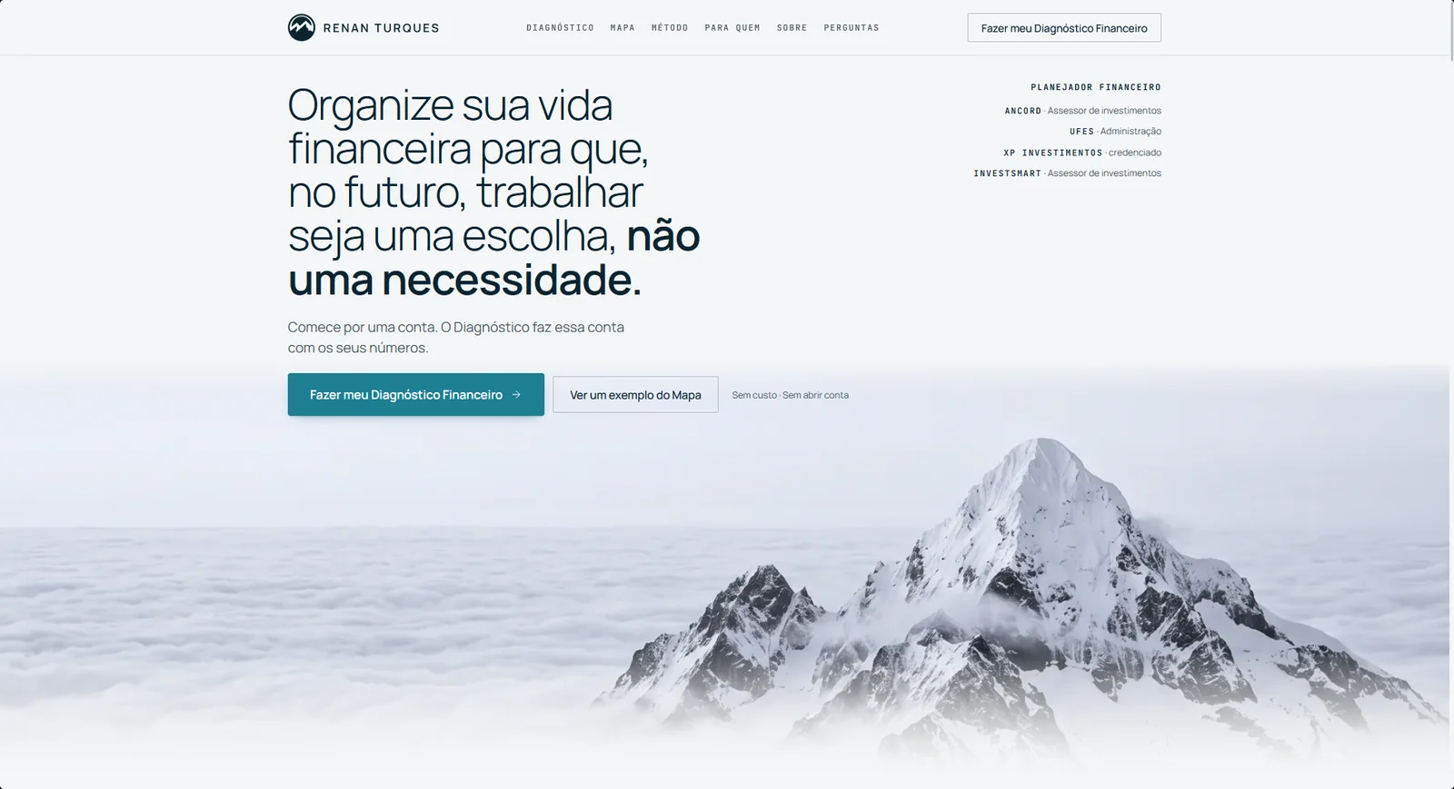 Página inicial do site de Renan Turques com o convite para fazer o diagnóstico financeiro