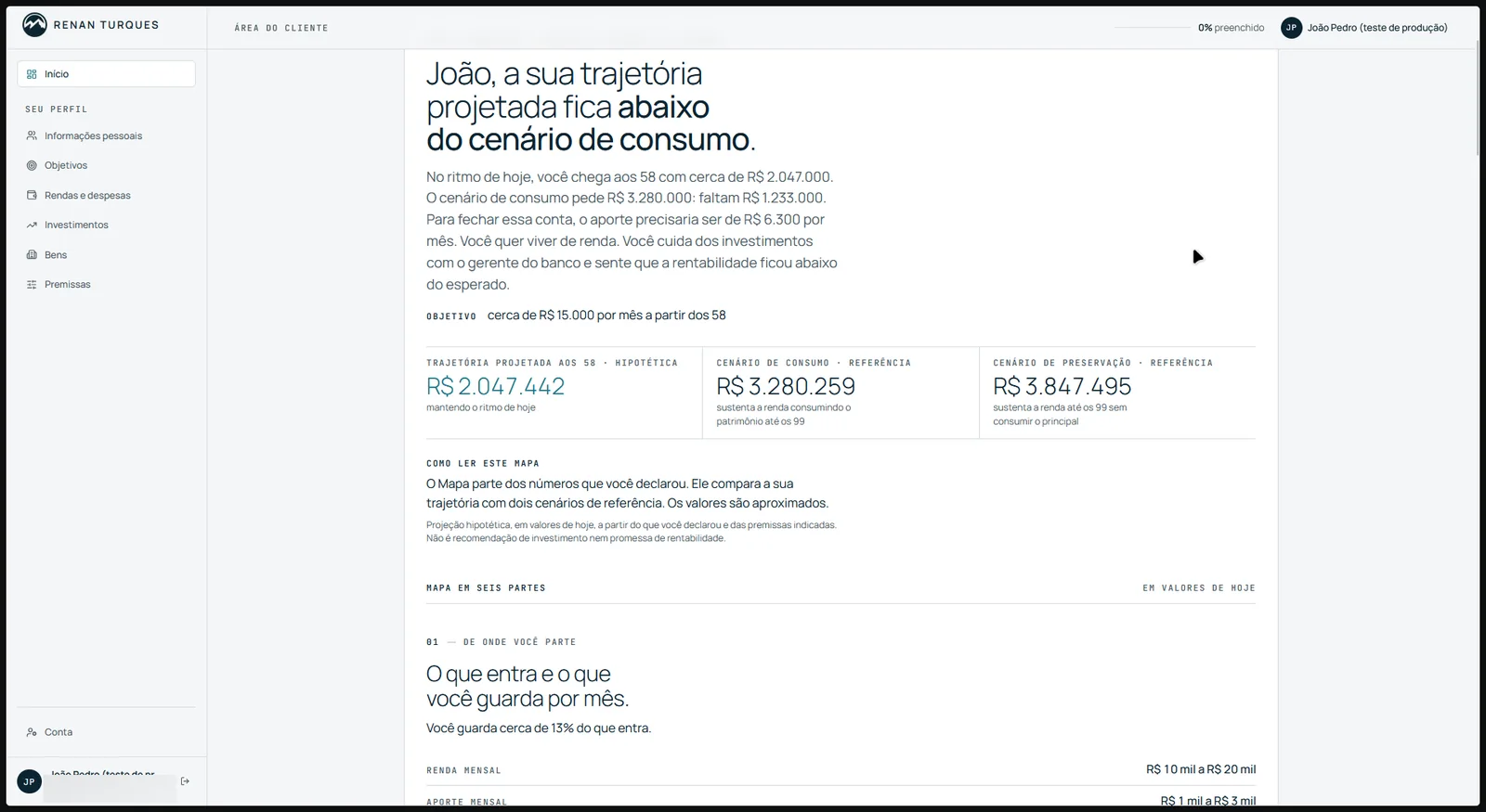 Área do cliente com a trajetória projetada comparada aos cenários de consumo e de preservação (conta de teste)