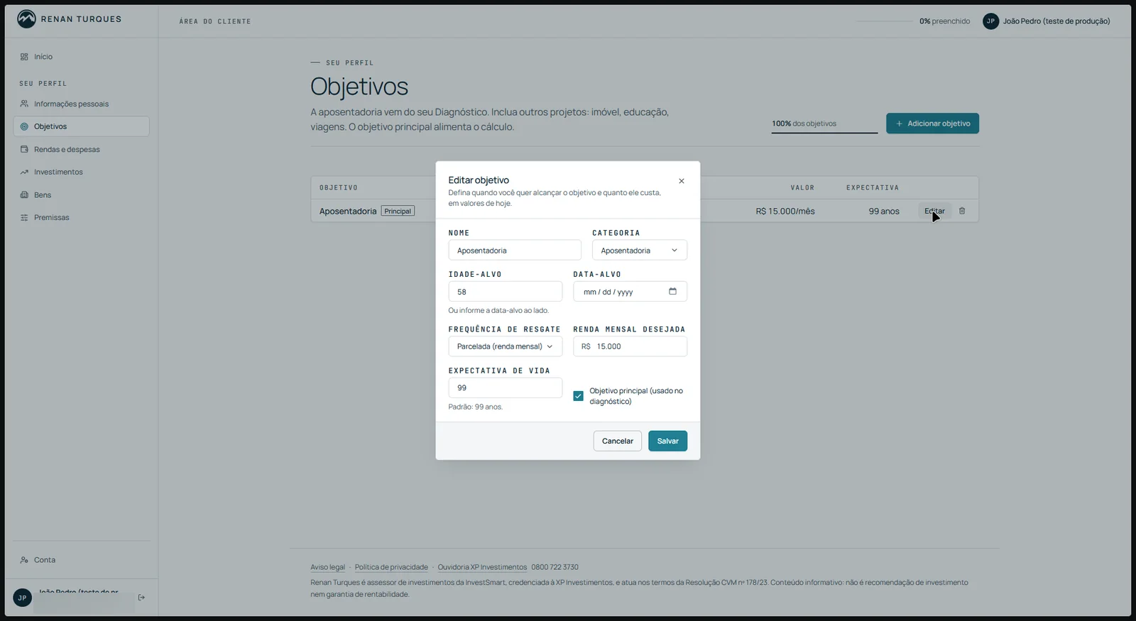 Tela de objetivos da área do cliente com a edição do objetivo de aposentadoria (conta de teste)